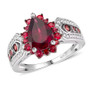 rhodolite garnet red sapphire and white zircon pear halo ring in rhodium over sterling silver front