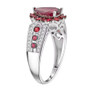side view of rhodolite red sapphire and zircon halo ring in rhodium over sterling silver