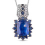 front view of kyanite sapphire and zircon halo pendant necklace in two-tone rhodium over sterling silver