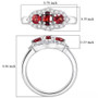 red zircon and moissanite three stone halo ring in rhodium over sterling silver shown for size comparison