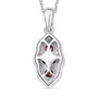back view of red zircon and moissanite three stone halo pendant necklace in rhodium over sterling silver