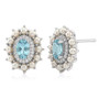 front view of blue zircon freshwater pearl and moissanite double halo earrings in rhodium over sterling silver