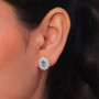 blue zircon freshwater pearl and moissanite double halo earrings in rhodium over sterling silver worn on the ear