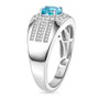 side view of blue zircon and moissanite halo gents ring in rhodium over sterling silver