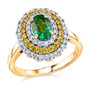 zambian emerald lab grown yellow and white diamond oval double halo ring in 10k yellow gold front
