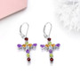 full view of multi gemstone cross dangle earrings in rhodium over sterling silver