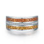 front view of yellow orange sapphire and diamond channel set band ring in 14k white gold