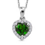 front view of chrome diopside and moissanite heart halo pendant necklace in rhodium over sterling silver