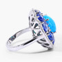 side view of blue opal kyanite and diamond ring in rhodium over sterling silver