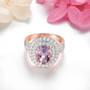 front view of rose de france amethyst and white zircon double halo ring in 18k rose gold over sterling silver