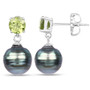 side profile of tahitian pearl and peridot earrings in rhodium plated sterling silver