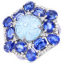front view of carved aquamarine kyanite and diamond ring in rhodium over sterling silver