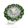 prasiolite chrome diopside and white topaz halo ring in rhodium plated sterling silver front view