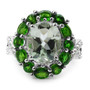 prasiolite chrome diopside and white topaz halo ring in rhodium plated sterling silver front view