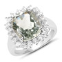 prasiolite and white topaz halo ring in rhodium plated sterling silver angled view