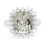 front view of prasiolite and cushion white topaz ring in rhodium over sterling silver
