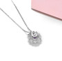 back view of amethyst and white zircon floral halo necklace in rhodium over sterling silver