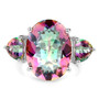 front view of mystic quartz trillion three stone ring in rhodium over sterling silver