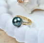 tahitian pearl round solitaire openwork 10k yellow gold ring 10mm shown in a lifestyle photo