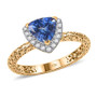 tanzanite and lab diamond trillion halo openwork ring in 10k yellow gold front