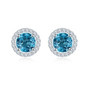 swiss blue topaz and white zircon round halo stud earrings in rhodium over sterling silver