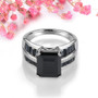 black spinel and white zircon ring in rhodium over sterling silver shown in a lifestyle photo