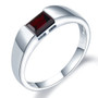 front view of gents black garnet emerald cut solitaire ring in rhodium over sterling silver