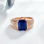 front view of mens lab sapphire and zircon 18k rose gold over sterling silver ring