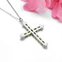 back view of natural chrome diopside and white zircon cross pendant necklace in rhodium over sterling silver