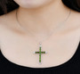 natural chrome diopside and white zircon cross pendant necklace in rhodium over sterling silver worn around the neck