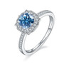 full view of moissanite brilliance round halo ring in rhodium over sterling silver