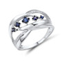 open view of blue sapphire and diamond open work 14k white gold band ring