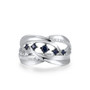 front view of blue sapphire and diamond open work 14k white gold band ring
