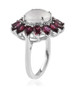 side view of natural rainbow moonstone and rhodolite garnet halo ring in rhodium over sterling silver