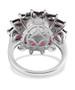 full view of natural rainbow moonstone and rhodolite garnet halo ring in rhodium over sterling silver