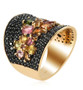 side view of natural multi color tourmaline and black spinel cluster ring in 18k yellow gold over sterling silver