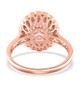 full view of natural morganite wedding ring with pink and white diamond halo in solid 14k rose gold