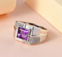 modern mens amethyst and white zircon ring in rhodium over sterling silver shown in a lifestyle photo