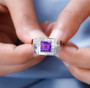 modern mens amethyst and white zircon ring in rhodium over sterling silver worn on a hand