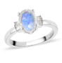 rainbow moonstone oval solitaire ring with diamond accents in rhodium over sterling silver