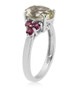 side view of prasiolite and rhodolite garnet ring in rhodium over sterling silver