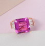 pink quartz triplet and white zircon ring in 18k rose gold over sterling silver shown in a lifestyle photo