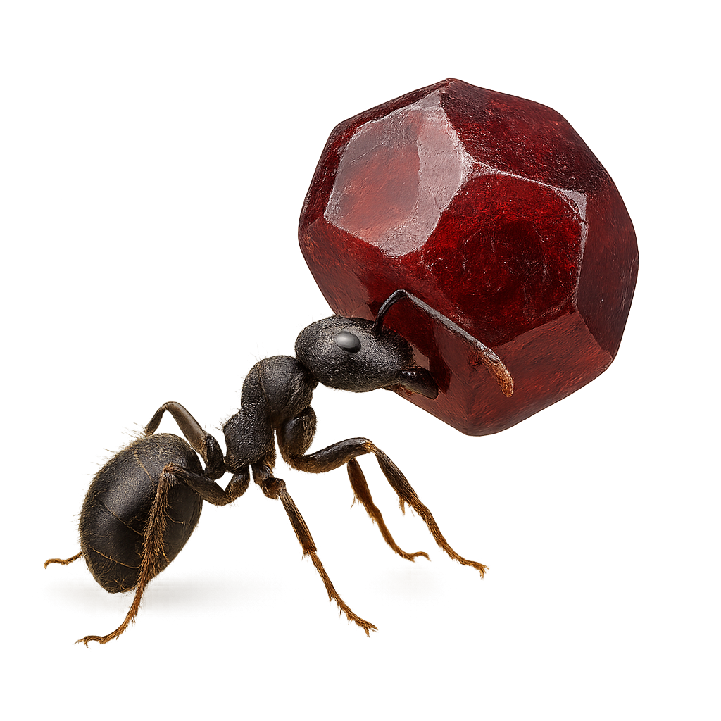 Ant carrying a red garnet crystal from the Anthill Garnet Collection by Gallery Gems.