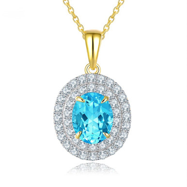 Swiss Blue Topaz & White Zircon Double Halo Pendant Necklace in 18K ...