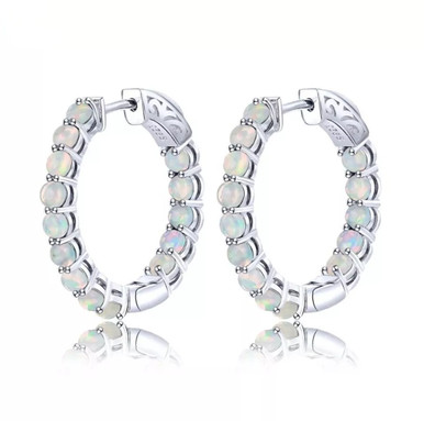 Ethiopian Opal or Garnet Cabs Inside-Outside Hoop Earrings in Rhodium ...