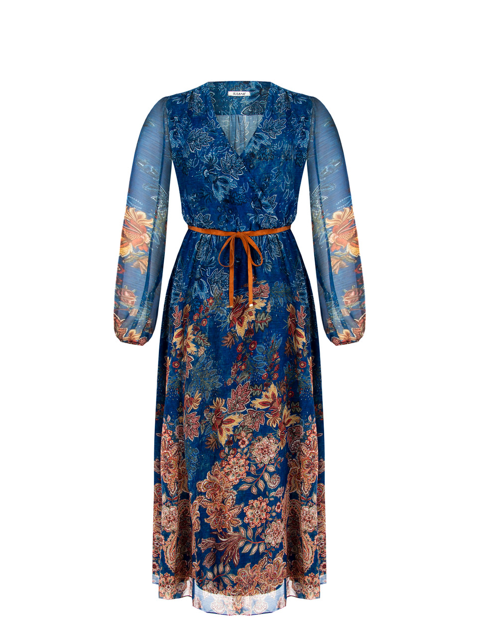 Prachtige lange kobalt blauwe jurk met cappucino kleurig motief onderaan