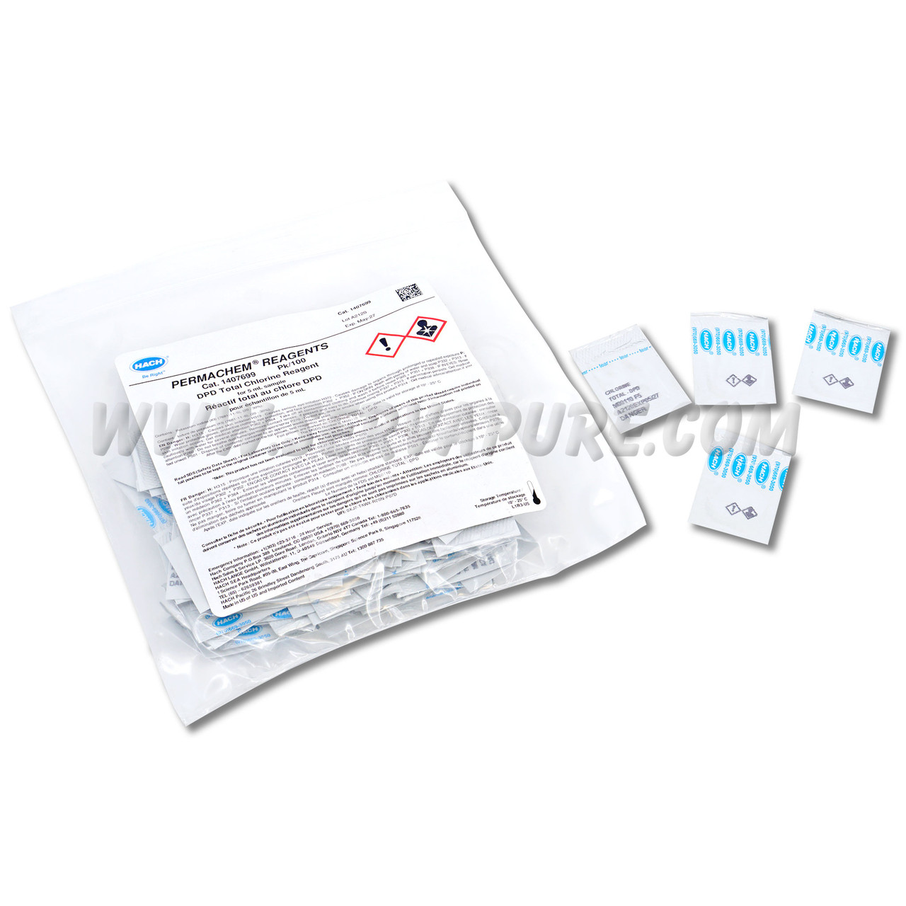 Hach DPD Total Chlorine Reagent for 5 mL Sample, Powder Pillows, PK/100, 14076-99 | Serv-A-Pure hach-dpd-total-chlorine-reagent-for-5-ml-sample-powder-pillows-pk-100-14076-99-serv-a-pure