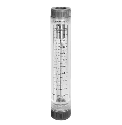 Transparent flow meter with measurement markings.