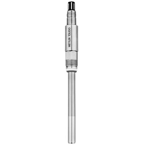 Stainless steel Mettler Toledo sensor probe with a long cylindrical shaft and threaded connector.