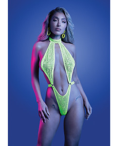 Mind Control UV Reactive Lace Halter Teddy - Neon Green S/M